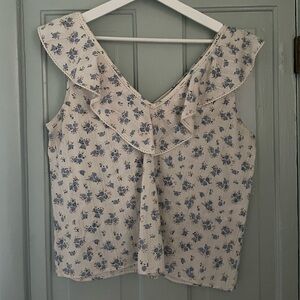 Sezane Gold Blouse Blue Floral Ruffle